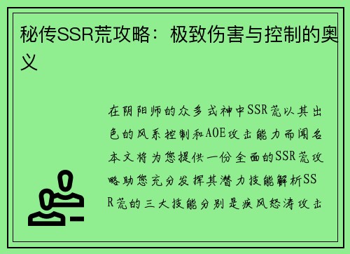 秘传SSR荒攻略：极致伤害与控制的奥义